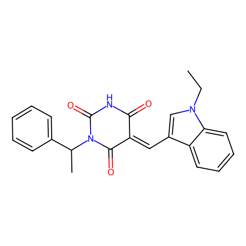 (5E)-5-[(1-ethylindol-3-yl)methylidene]-1-(1-phenylethyl)-1,3-diazinane-2,4,6-trione structure