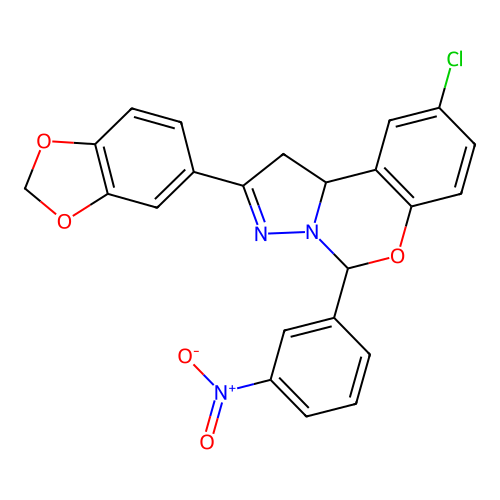 2-(1,3-benzodioxol-5-yl)-9-chloro-5-(3-nitrophenyl)-1,10b-dihydropyrazolo[1,5-c][1,3]benzoxazine structure