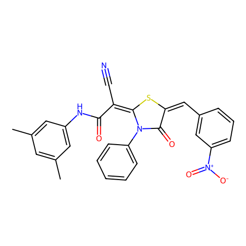 (2E)-2-cyano-N-(3,5-dimethylphenyl)-2-[(5E)-5-(3-nitrobenzylidene)-4-oxo-3-phenyl-1,3-thiazolidin-2-ylidene]ethanamide structure