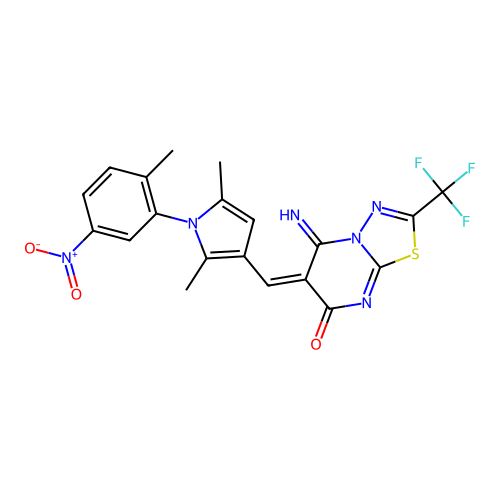 (E)-6-((2,5-dimethyl-1-(2-methyl-5-nitrophenyl)-1H-pyrrol-3-yl)methylene)-5-imino-2-(trifluoromethyl)-5H-[1,3,4]thiadiazolo[3,2-a]pyrimidin-7(6H)-one structure