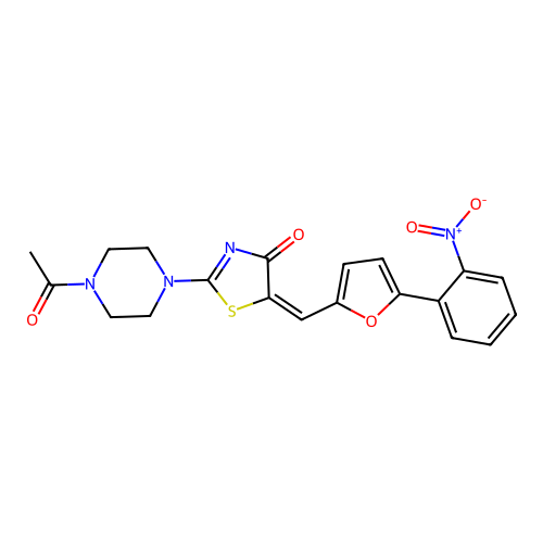 2-(4-acetylpiperazin-1-yl)-5-[[5-(2-nitrophenyl)-2-furyl]methylidene]-1,3-thiazol-4-one structure