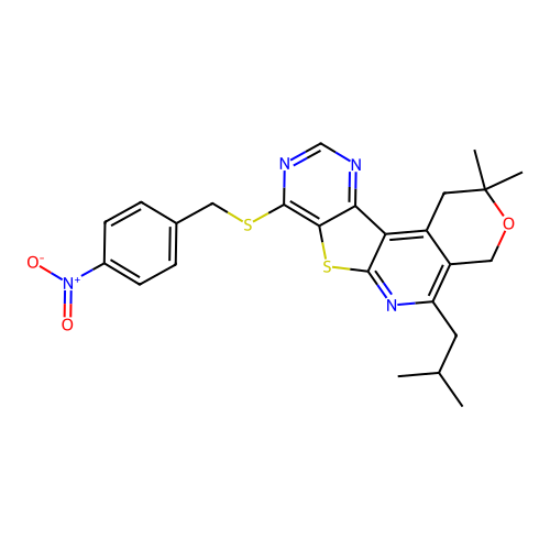 2,2-dimethyl-5-(2-methylpropyl)-8-[(4-nitrobenzyl)sulfanyl]-1,4-dihydro-2H-pyrano[4'',3'':4',5']pyrido[3',2':4,5]thieno[3,2-d]pyrimidine structure