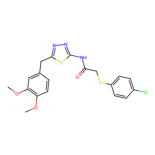 2-((4-chlorophenyl)thio)-N-(5-(3,4-dimethoxybenzyl)-1,3,4-thiadiazol-2-yl)acetamide structure