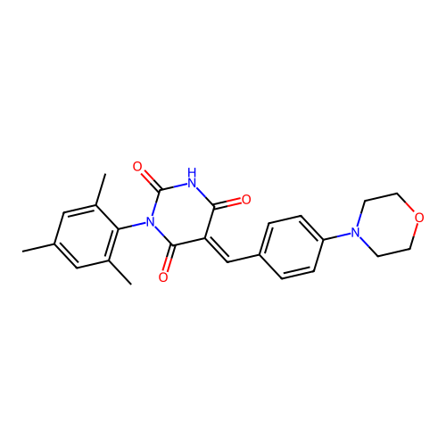 (E)-1-mesityl-5-(4-morpholinobenzylidene)pyrimidine-2,4,6(1H,3H,5H)-trione structure