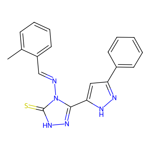 (E)-4-((2-methylbenzylidene)amino)-5-(3-phenyl-1H-pyrazol-5-yl)-4H-1,2,4-triazole-3-thiol structure