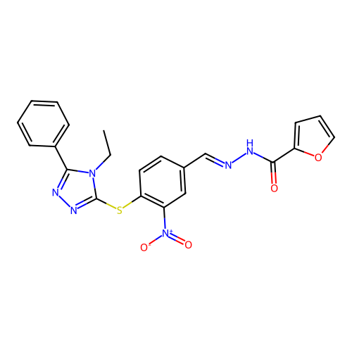 (E)-N'-(4-((4-ethyl-5-phenyl-4H-1,2,4-triazol-3-yl)thio)-3-nitrobenzylidene)furan-2-carbohydrazide structure
