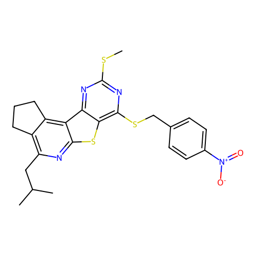 4-(2-methylpropyl)-9-(methylsulfanyl)-7-[(4-nitrobenzyl)sulfanyl]-2,3-dihydro-1H-cyclopenta[4',5']pyrido[3',2':4,5]thieno[3,2-d]pyrimidine structure
