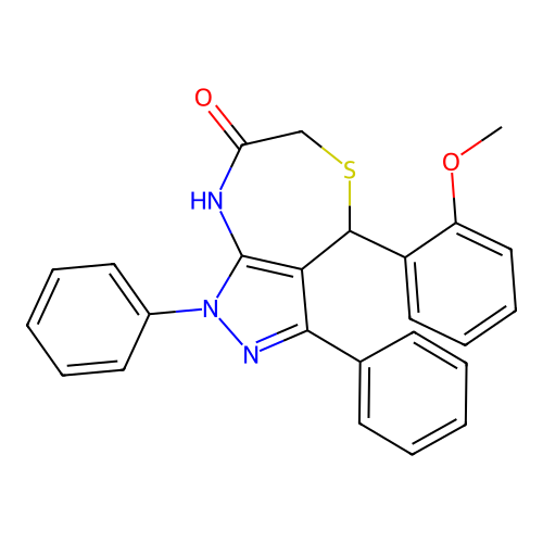 2-(2-methoxyphenyl)-8,10-diphenyl-3-thia-6,8,9-triazabicyclo[5.3.0]deca-6,10-dien-5-one structure