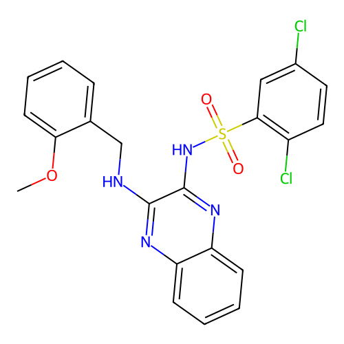 2,5-dichloro-N-(3-((2-methoxybenzyl)amino)quinoxalin-2-yl)benzenesulfonamide structure