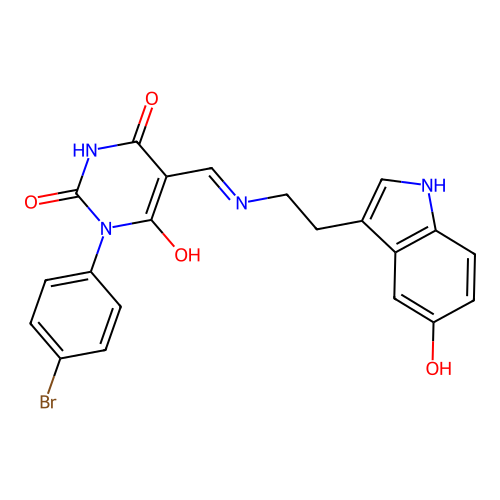 (E)-1-(4-bromophenyl)-5-(((2-(5-hydroxy-1H-indol-3-yl)ethyl)amino)methylene)pyrimidine-2,4,6(1H,3H,5H)-trione structure