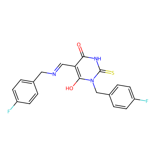 (5E)-1-(4-fluorobenzyl)-5-{[(4-fluorobenzyl)amino]methylidene}-2-sulfanylpyrimidine-4,6(1H,5H)-dione structure