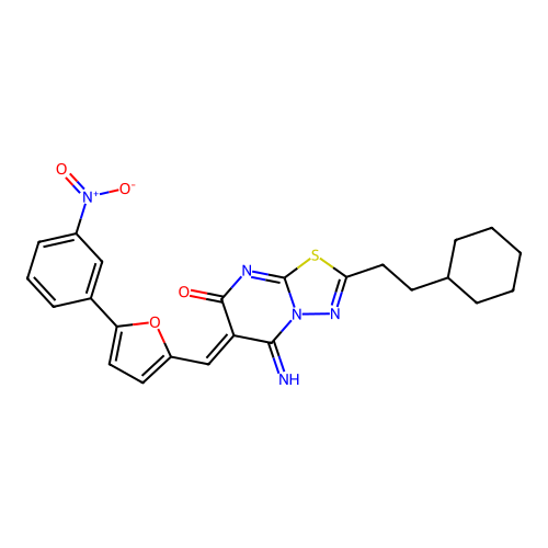(6Z)-2-(2-cyclohexylethyl)-5-imino-6-[[5-(3-nitrophenyl)furan-2-yl]methylidene]-[1,3,4]thiadiazolo[3,2-a]pyrimidin-7-one structure