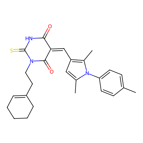 (Z)-1-(2-(cyclohex-1-en-1-yl)ethyl)-5-((2,5-dimethyl-1-(p-tolyl)-1H-pyrrol-3-yl)methylene)-2-thioxodihydropyrimidine-4,6(1H,5H)-dione structure