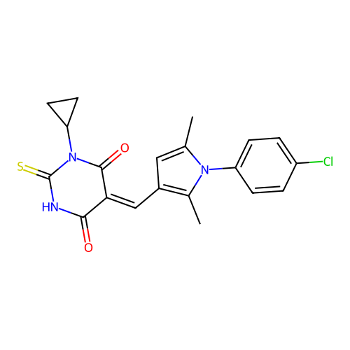 (5Z)-5-[[1-(4-chlorophenyl)-2,5-dimethylpyrrol-3-yl]methylidene]-1-cyclopropyl-2-sulfanylidene-1,3-diazinane-4,6-dione structure