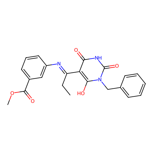 (E)-methyl 3-((1-(1-benzyl-2,4,6-trioxotetrahydropyrimidin-5(2H)-ylidene)propyl)amino)benzoate structure