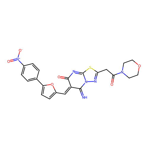 (6Z)-5-imino-2-(2-morpholin-4-yl-2-oxoethyl)-6-[[5-(4-nitrophenyl)furan-2-yl]methylidene]-[1,3,4]thiadiazolo[3,2-a]pyrimidin-7-one structure