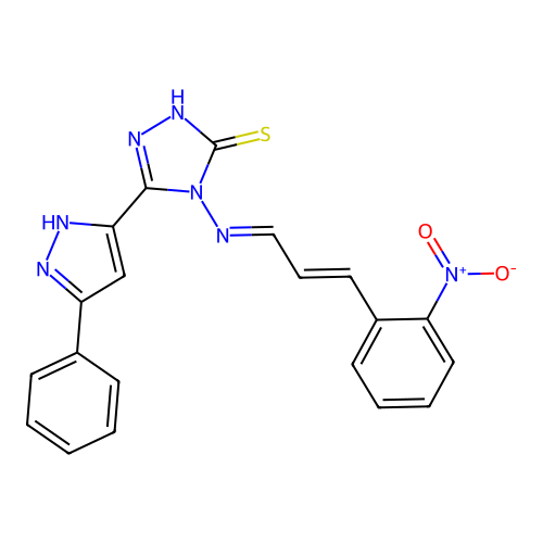 4-[(E)-3-(2-Nitro-phenyl)-prop-2-en-(E)-ylideneamino]-5-(5-phenyl-2H-pyrazol-3-yl)-4H-[1,2,4]triazole-3-t hiol structure