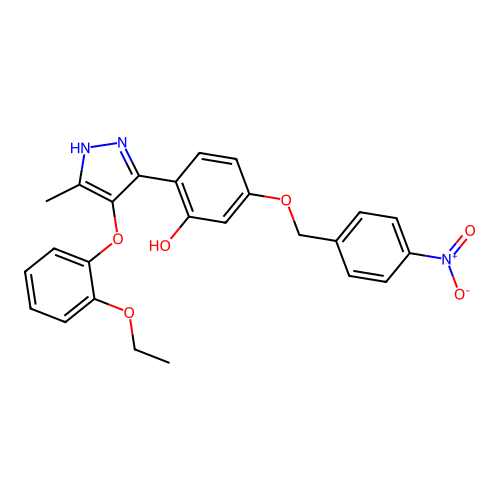2-(4-(2-ethoxyphenoxy)-5-methyl-1H-pyrazol-3-yl)-5-((4-nitrobenzyl)oxy)phenol structure