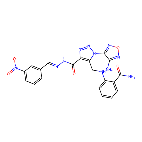 (E)-2-(((1-(4-amino-1,2,5-oxadiazol-3-yl)-4-(2-(3-nitrobenzylidene)hydrazinecarbonyl)-1H-1,2,3-triazol-5-yl)methyl)amino)benzamide structure
