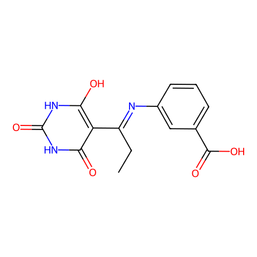 3-{[(1E)-1-(2,6-dihydroxy-4-oxopyrimidin-5(4H)-ylidene)propyl]amino}benzoic acid structure