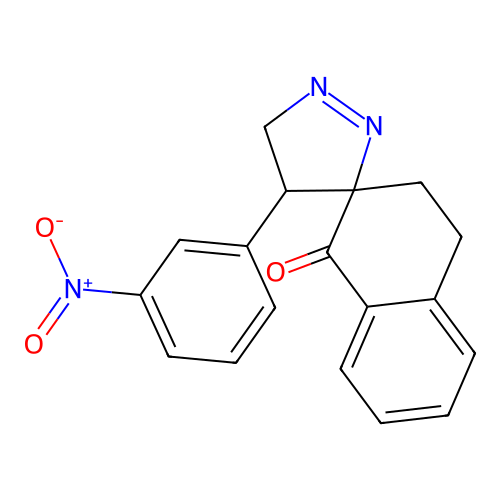 4'-(3-nitrophenyl)-3,4,4',5'-tetrahydro-1H-spiro[naphthalene-2,3'-pyrazol]-1-one structure