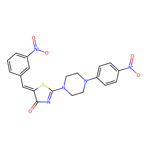 (Z)-5-(3-nitrobenzylidene)-2-(4-(4-nitrophenyl)piperazin-1-yl)thiazol-4(5H)-one structure