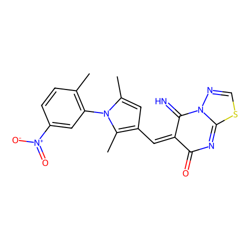 (E)-6-((2,5-dimethyl-1-(2-methyl-5-nitrophenyl)-1H-pyrrol-3-yl)methylene)-5-imino-5H-[1,3,4]thiadiazolo[3,2-a]pyrimidin-7(6H)-one structure