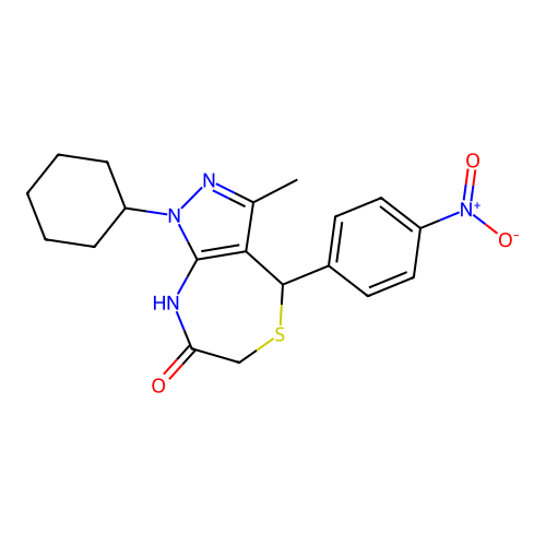 1-cyclohexyl-3-methyl-4-(4-nitrophenyl)-2,4-dihydropyrazolo[3,4-e][1,4]thiazepin-7-one structure