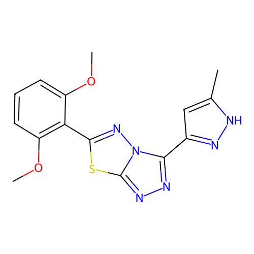 1,3-dimethoxy-2-[3-(3-methylpyrazol-5-yl)(1,2,4-triazolo[3,4-b]1,3,4-thiadiazo lin-6-yl)]benzene structure