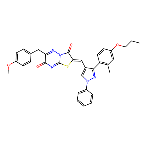 (2Z)-6-(4-methoxybenzyl)-2-{[3-(2-methyl-4-propoxyphenyl)-1-phenyl-1H-pyrazol-4-yl]methylidene}-7H-[1,3]thiazolo[3,2-b][1,2,4]triazine-3,7(2H)-dione structure