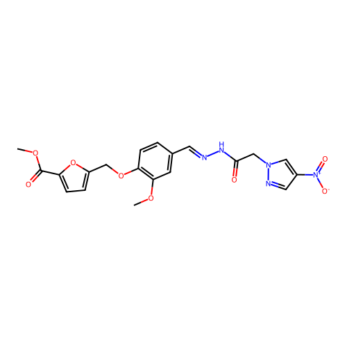 (E)-methyl 5-((2-methoxy-4-((2-(2-(4-nitro-1H-pyrazol-1-yl)acetyl)hydrazono)methyl)phenoxy)methyl)furan-2-carboxylate structure
