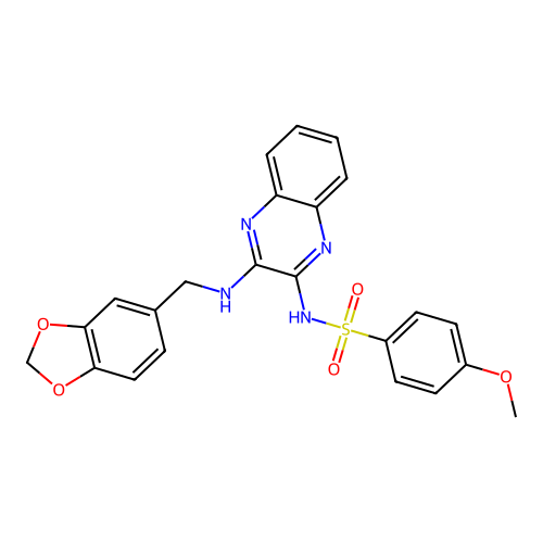 N-(3-((benzo[d][1,3]dioxol-5-ylmethyl)amino)quinoxalin-2-yl)-4-methoxybenzenesulfonamide structure