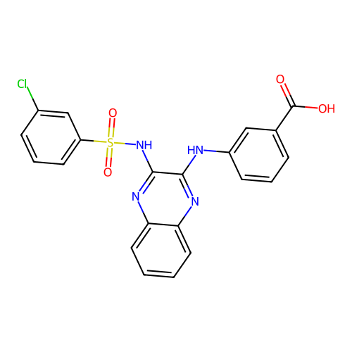 3-[(3-{[(3-Chlorophenyl)sulfonyl]amino}quinoxalin-2-yl)amino]benzoic acid structure