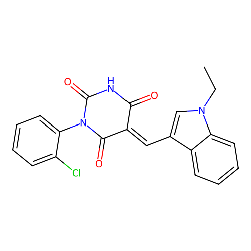 (5E)-1-(2-chlorophenyl)-5-[(1-ethylindol-3-yl)methylidene]-1,3-diazinane-2,4,6-trione structure