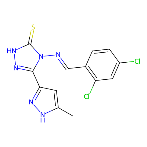 (E)-4-((2,4-dichlorobenzylidene)amino)-5-(3-methyl-1H-pyrazol-5-yl)-4H-1,2,4-triazole-3-thiol structure