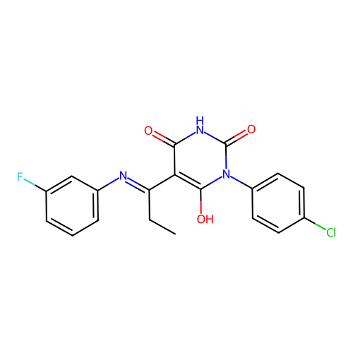 (E)-1-(4-chlorophenyl)-5-(1-((3-fluorophenyl)amino)propylidene)pyrimidine-2,4,6(1H,3H,5H)-trione structure