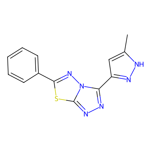 3-(3-methyl-1H-pyrazol-5-yl)-6-phenyl[1,2,4]triazolo[3,4-b][1,3,4]thiadiazole structure