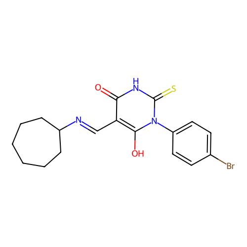 1-(4-bromophenyl)-5-[(cycloheptylamino)methylidene]-2-sulfanylidene-1,3-diazinane-4,6-dione structure