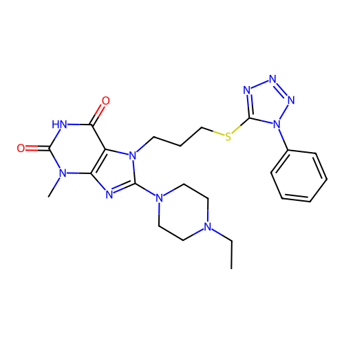 8-(4-ethylpiperazin-1-yl)-3-methyl-7-(3-((1-phenyl-1H-tetrazol-5-yl)thio)propyl)-1H-purine-2,6(3H,7H)-dione structure
