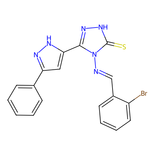 4-[(1E)-2-(2-bromophenyl)-1-azavinyl]-5-(3-phenylpyrazol-5-yl)-1,2,4-triazole- 3-thiol structure