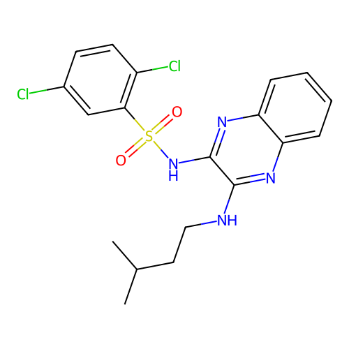 2,5-dichloro-N-{3-[(3-methylbutyl)amino]quinoxalin-2-yl}benzenesulfonamide structure