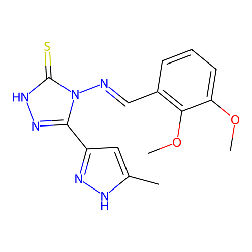 4-[(E)-(2,3-dimethoxyphenyl)methylideneamino]-3-(5-methyl-1H-pyrazol-3-yl)-1H-1,2,4-triazole-5-thione structure