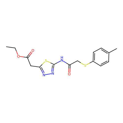 ethyl 2-(5-(2-(p-tolylthio)acetamido)-1,3,4-thiadiazol-2-yl)acetate structure