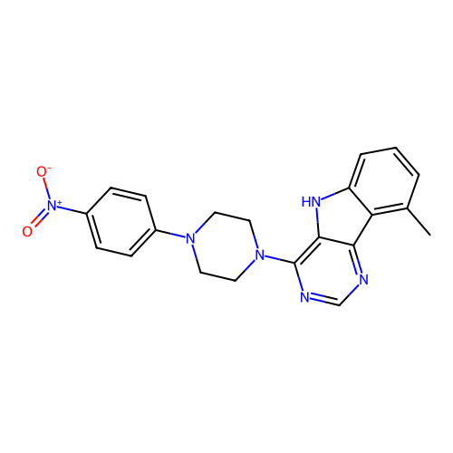 9-methyl-4-[4-(4-nitrophenyl)piperazin-1-yl]-5H-pyrimido[5,4-b]indole structure