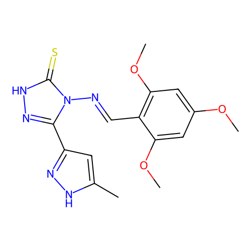 (E)-5-(3-methyl-1H-pyrazol-5-yl)-4-((2,4,6-trimethoxybenzylidene)amino)-4H-1,2,4-triazole-3-thiol structure