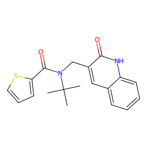 N-tert-butyl-N-[(2-oxo-1,2-dihydroquinolin-3-yl)methyl]thiophene-2-carboxamide structure
