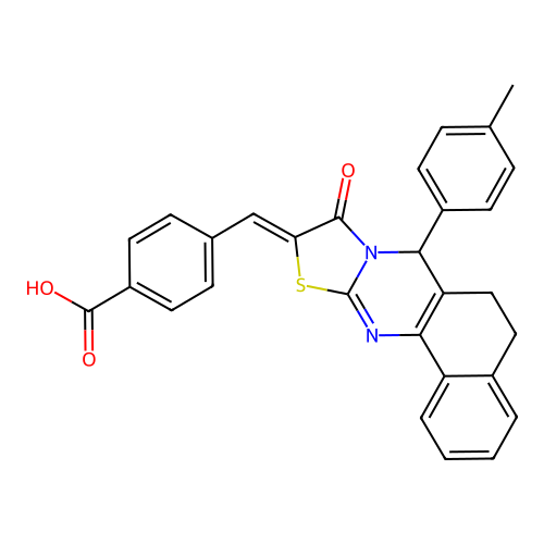 4-{(Z)-[7-(4-methylphenyl)-9-oxo-5,7-dihydro-6H-benzo[h][1,3]thiazolo[2,3-b]quinazolin-10(9H)-ylidene]methyl}benzoic acid structure