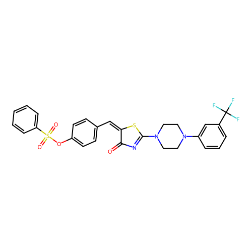 (E)-4-((4-oxo-2-(4-(3-(trifluoromethyl)phenyl)piperazin-1-yl)thiazol-5(4H)-ylidene)methyl)phenyl benzenesulfonate structure