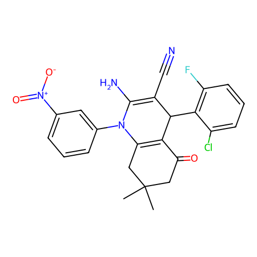 2-amino-4-(2-chloro-6-fluorophenyl)-7,7-dimethyl-1-(3-nitrophenyl)-5-oxo-1,4,5,6,7,8-hexahydroquinoline-3-carbonitrile structure