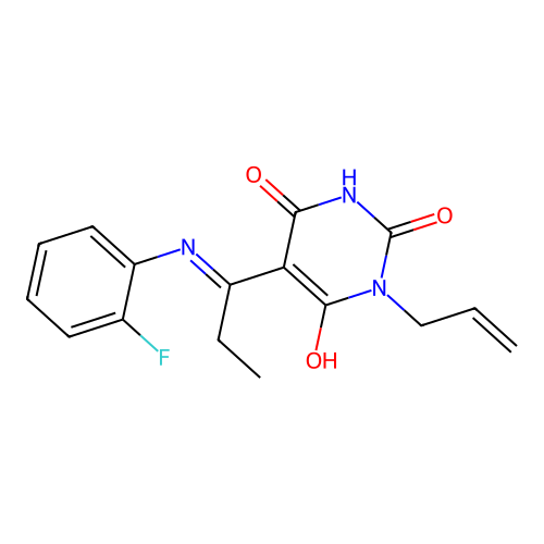 (E)-1-allyl-5-(1-((2-fluorophenyl)amino)propylidene)pyrimidine-2,4,6(1H,3H,5H)-trione structure